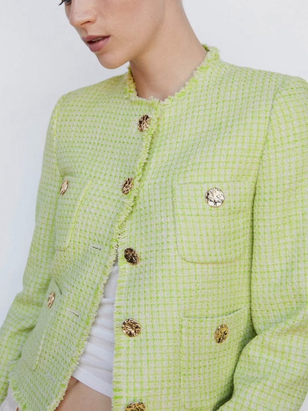 Mango  Lime Tweed Button-Front Jacket - Picture 3 of 5
